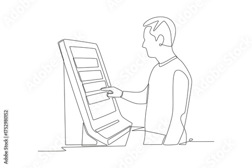 Man using digital kiosk. Digital kiosks concept one-line drawing
