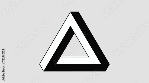 An impossible triangle with black and white bars on a light gray background optical illusion art