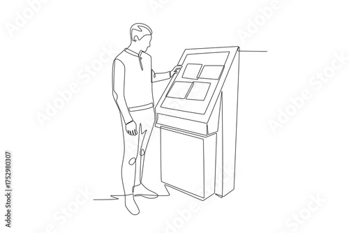 Man using digital kiosk. Digital kiosks concept one-line drawing