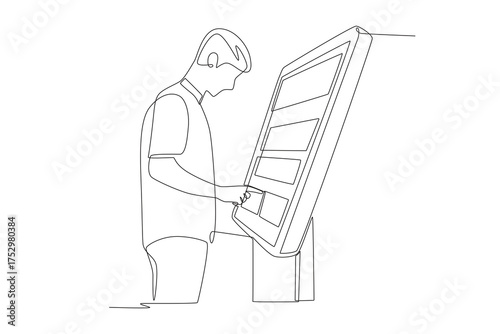 Man using digital kiosk. Digital kiosks concept one-line drawing