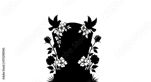 Tombstone with roses and doves in silhouette design  