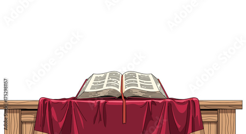 Open Bible on altar with red cloth and wooden background  
