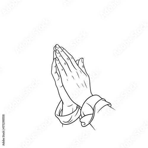Folded hands in prayer position on white background  