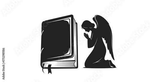 Angel praying beside a closed prayer book in silhouette design  