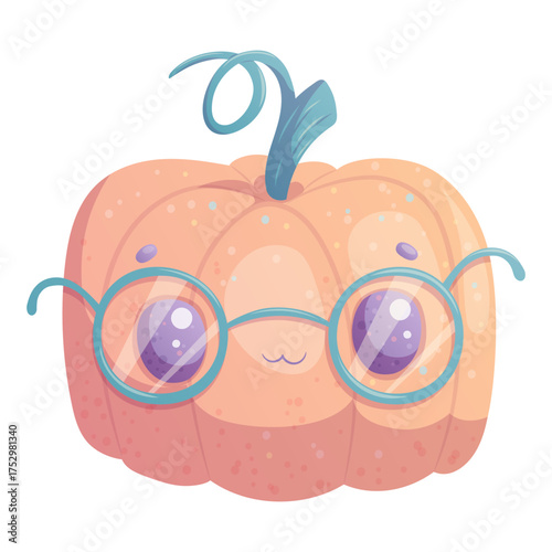 Cute orange pumpkin with glasses on a white background. The concept of autumn, Halloween. Children's vector design illustration for the design of postcards, postcards for printing, textiles, stickers