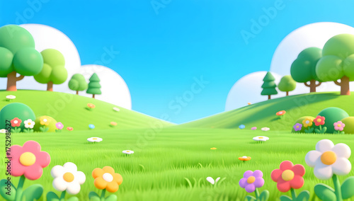 3D cartoon Spring meadow lovely pink flowers 3D natural background