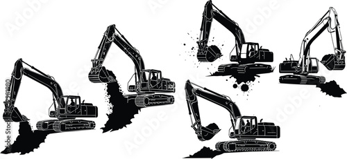 Excavator silhouettes, construction machinery, heavy equipment, digging machines, industrial vehicles, earth movers, black vector art, rugged terrain, splatter effect, realistic pose