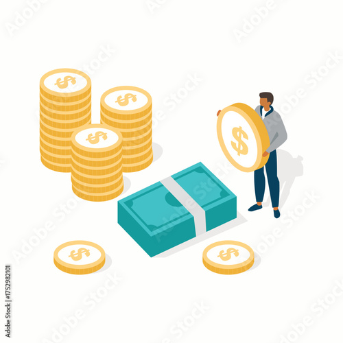 Holding money, saving money, having a lot of money. Stock Illustration