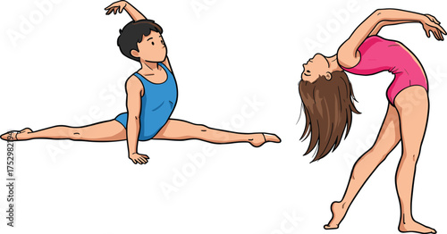 Gymnastics flexibility, dance performance, athletic pose, female strength, artistic movement, split and backbend, leotard, balance, grace, fitness expression