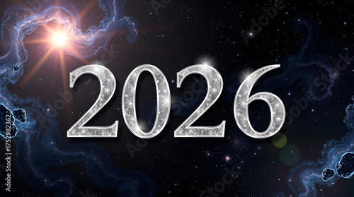 Silver 2026 text shining over dark galaxy stars background