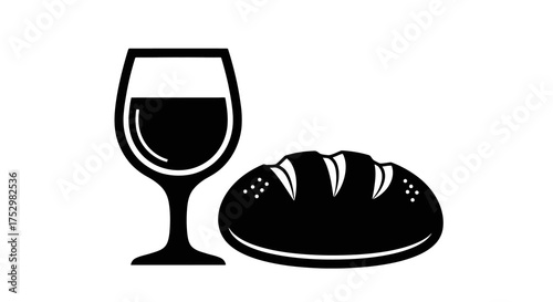 Black and white icon of a wine glass and a loaf of bread, a symbol of Holy Communion, the Eucharist, or a simple, traditional meal