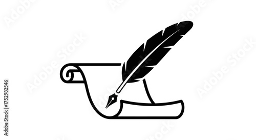 Elegant silhouette of a feather quill ink pen poised over a scrolled parchment, capturing the essence of classic literature, historical manuscripts, and the timeless art of writing