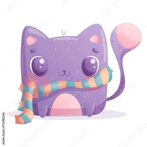Cute cat in a striped scarf on a white background. The concept of Halloween, autumn. Isolated Cartoon children's vector illustration for Postcard Design, postcards for Printing, textiles, stickers
