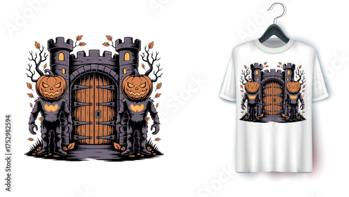 Happy Halloween t-shirt design with spooky castle and pumpkin guards 