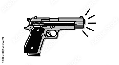 Simple black and white vector illustration of a semi-automatic handgun firing. A clean, isolated icon showing a pistol with action lines from the barrel