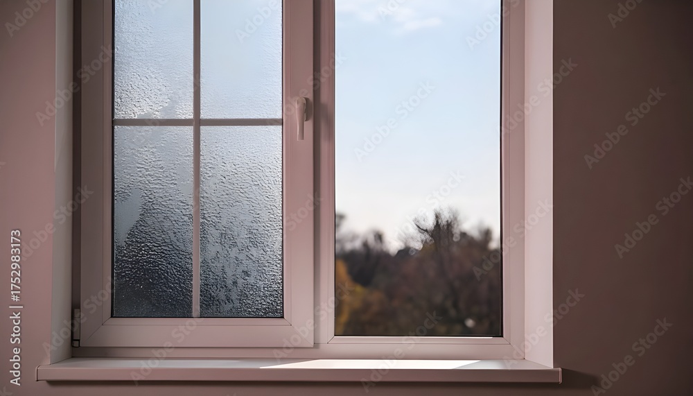 Fototapeta premium Window with frosted or foggy glass and a minimalist view on a cold day.