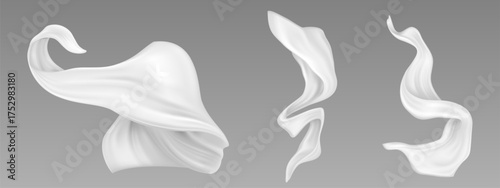 White silk ribbon set with flowing elegant curves and smooth texture isolated on gray background. Twisted shapes in realistic 3d style for decoration, gift wrapping or festive design elements.
