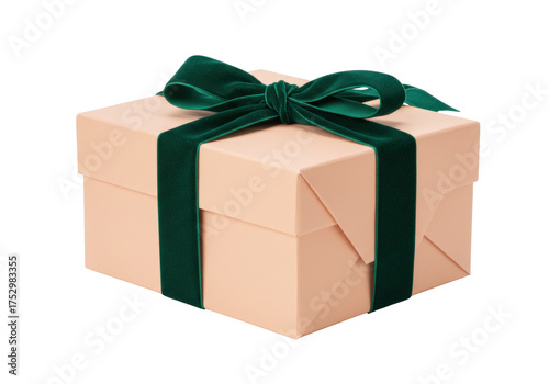 Isolated Gift Box Wrapped with Emerald Green Velvet Ribbon and Bow for Holiday Giving