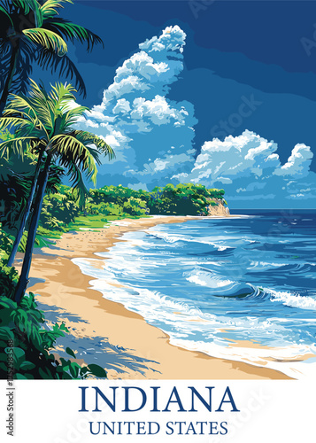 Tropical Indiana Coastline Retreat: Palm Trees, White Sand, Azure Waters, and Lush Greenery for Relaxing Getaways and Exotic Destinations Promotions