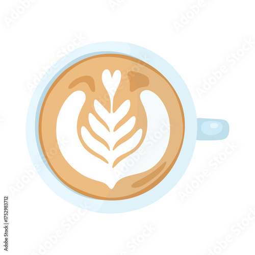 Top-down view of latte in light blue cup with symmetrical rosetta latte art and creamy milk texture