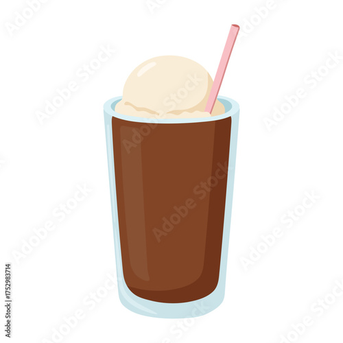 Glass of root beer float with vanilla ice cream scoop and pink straw in blue-tinted transparent glass