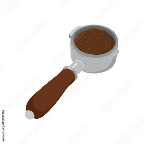 Espresso machine portafilter filled with tamped ground coffee ready for brewing preparation