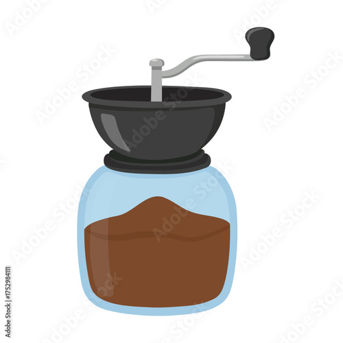 Traditional manual coffee grinder with crank handle and ground coffee in transparent lower container