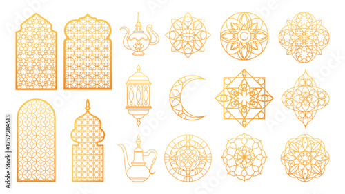 Islamic Ramadan ornament set with arch windows and traditional motifs for celebration - golden lanterns, teapots and moon crescents with geometric mandalas. Arabic decorative elements for Eid festival