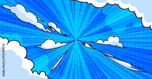 Comic cloud superhero burst with blue radial rays and white puffy shapes for dynamic action scenes. Speed lines radiating from center point with cartoon sky elements. Retro pop art explosion bg.