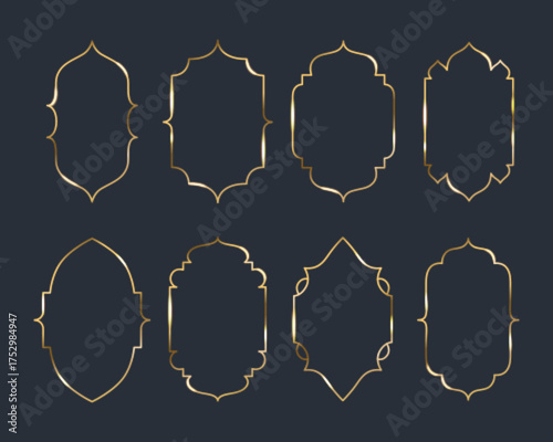 Arab arch gold frames with Islamic geometric patterns for ornamental design or decorative borders. Oriental elegant silhouettes of mosque windows and traditional Middle Eastern architecture.