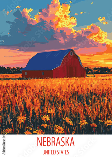 Nebraska's rural charm displays a vibrant sunset over a classic red barn in a golden wheat field evoking nostalgia and peacefulness in the heartland