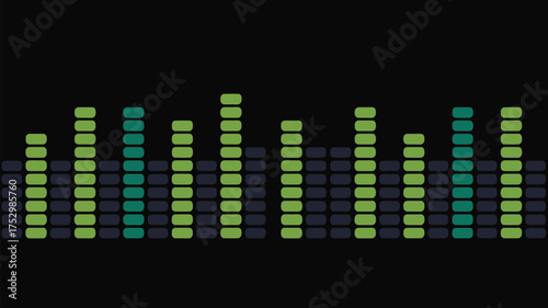 A graphic equalizer display with green and dark blue bars against a black background shown clearly