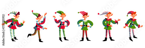 Set of Christmas elves in festive outfits. Elf wears a colorful striped hat, red and green clothing, and black boots. Playful poses and cheerful expressions. Holiday flat vector illustration.