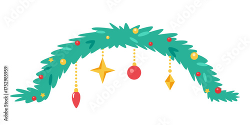 Christmas garland. Xmas fir branch decorated with various holiday ornaments on white background. Holiday winter season decorative element. Vector illustration.