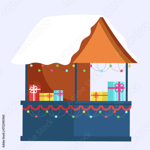 Christmas market stall with snow-covered roof. December fair. Decorated with string lights, gift boxes, and festive garlands. Outdoor holiday shops. Cartoon vector illustration.
