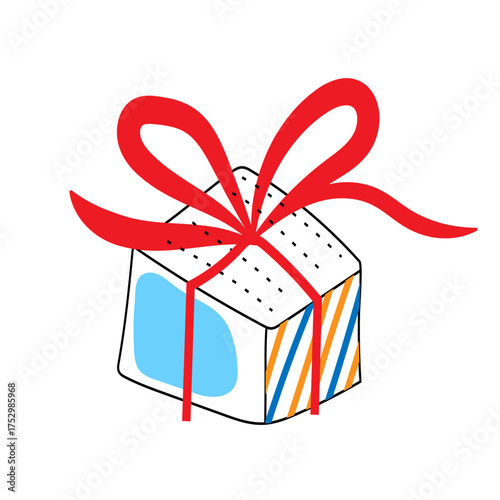 Colorful wrapped gift box with red ribbon and bow. Decorated with abstract blue shapes and diagonal orange and blue stripes. Holiday present concept. Flat vector illustration.