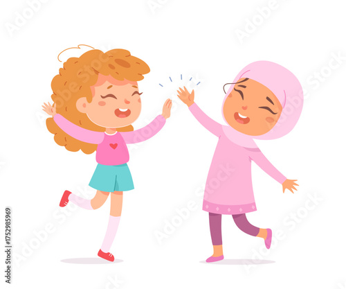 Happy kids giving a high five. Smiling girls celebrating together. Friendship and teamwork concept. Cute flat vector illustration isolated on white background.