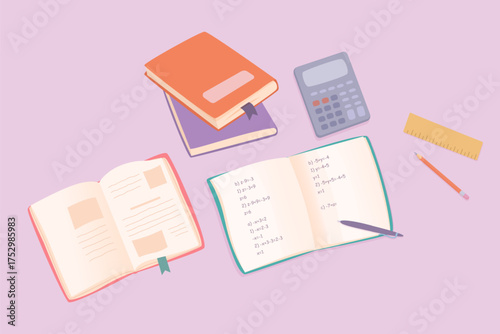 Education or office desk view with books, paper and stationary. Learning and studying school supplies concept. Cartoon vector illustration.