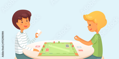 Children playing board game with cards and dice at table, happy boys enjoying fun indoor activity. Colorful playful scene with game elements and cheerful expressions. Flat cartoon vector illustration.