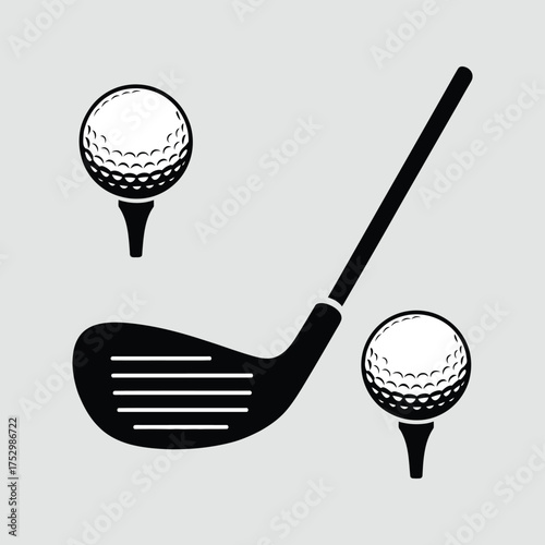 Golf club and ball silhouette vector illustration set perfect for sports logo, golfing tournament emblem, and modern golf course branding design