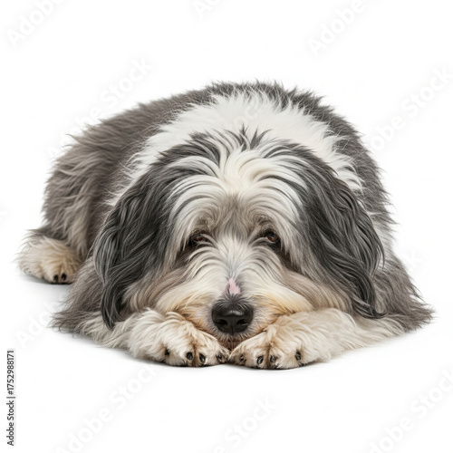 A charming fluffy dog of a specific breed, a beloved pet species, lying down peacefully on a white background, showcasing its adorable features and gentle nature