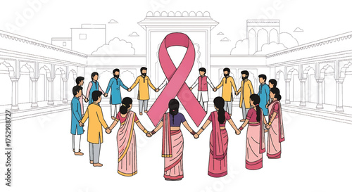 Illustration of diverse people holding hands around a pink breast cancer awareness ribbon in a