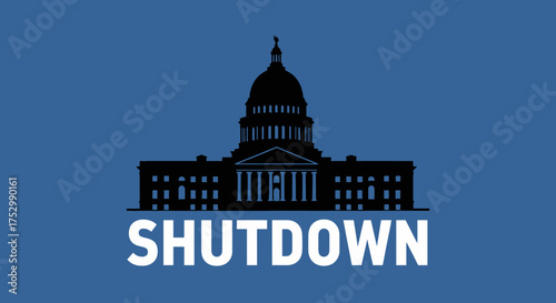 Silhouette of a capitol building with the word "SHUTDOWN" in bold letters below, against a blue background.