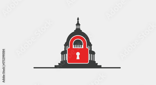 A stylized illustration of a government building silhouette with a prominent red padlock overlay, symbolizing security or lockdown.