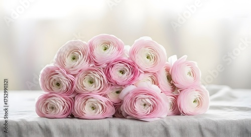 Pile of pink ranunculus flowers on a white table, isolated on white background