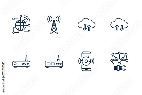 Technology icon set. Internet connection, network, wifi, modem, router. Cloud computing, data transfer, upload, download. Communication tower, mobile sync, fiber optic.