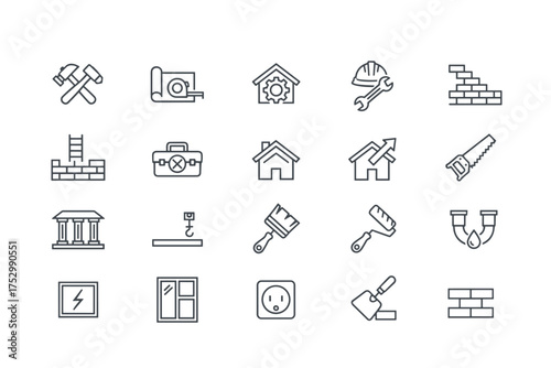 Construction and home improvement line icon set. Vector symbols for building, repair, and renovation. Includes tools, architecture, engineering, and DIY project elements.