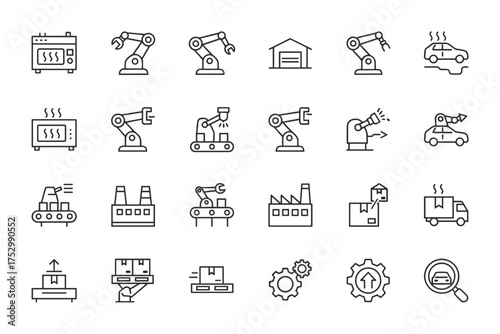 Industrial automation & smart factory line icon set. Robotic arm, conveyor belt, manufacturing, car assembly, logistics, delivery, warehouse, production line vector icons.