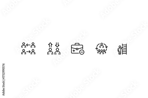 Business management and career development icon set. Human resources concepts for teamwork, communication, promotion, hiring, and corporate growth. Metaphors for leadership and success.