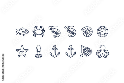 Sea life icons. Marine animals and nautical symbols set. Fish, crab, shrimp, octopus, squid, starfish, shell, anchor, fishing net. Thin line vector illustration for logo.